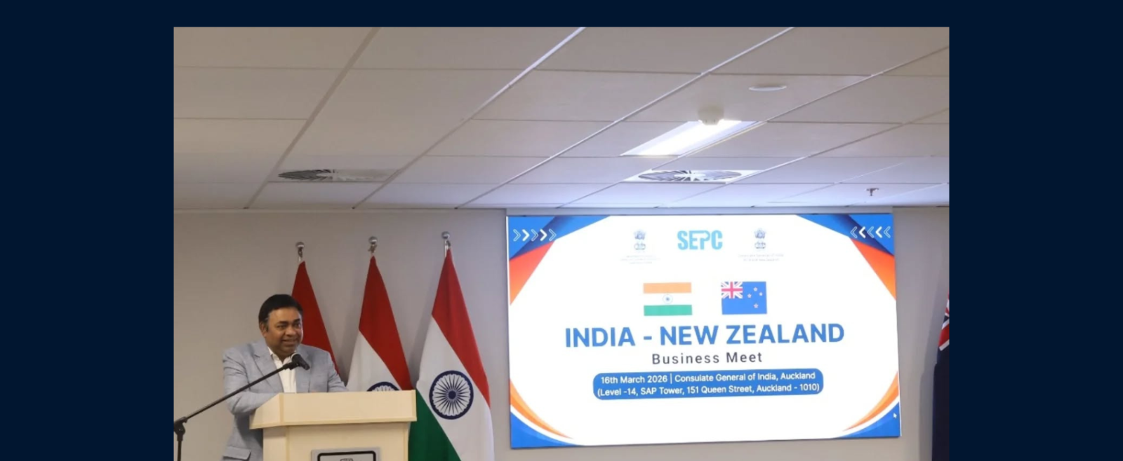 Consul General Dr. Madan Mohan Sethi delivers the inaugural remarks at the India-New Zealand Business Meet, a B2B Buyer-Seller Meet hosted with the Services Export Promotion Council (SEPC), Government of India. | 16 March 2026