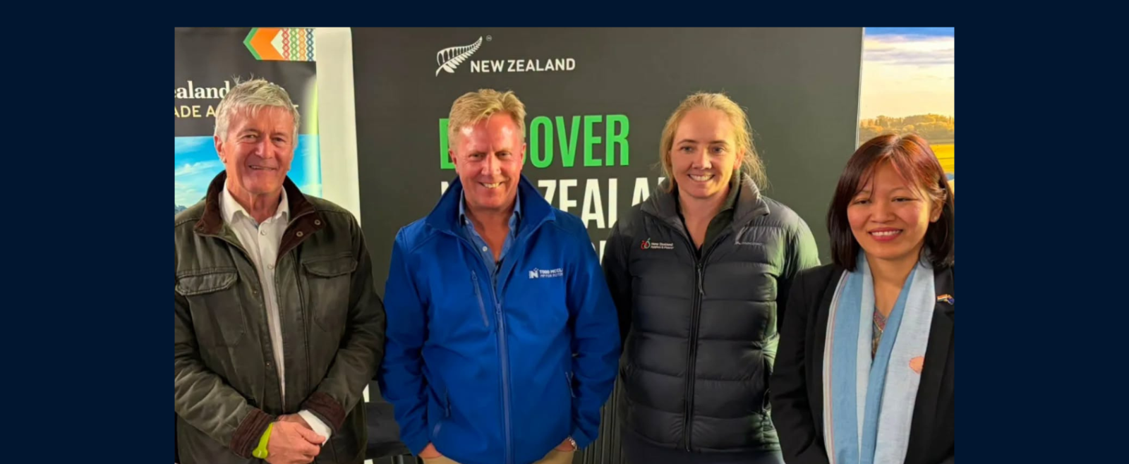 At the India Pavilion, Fieldays 2026 — Hon Damien O'Connor, Hon Todd McClay, Danielle Adsett (CE, NZ Apples and Pears) and High Commissioner Muanpuii Saiawi | 11 June 2026