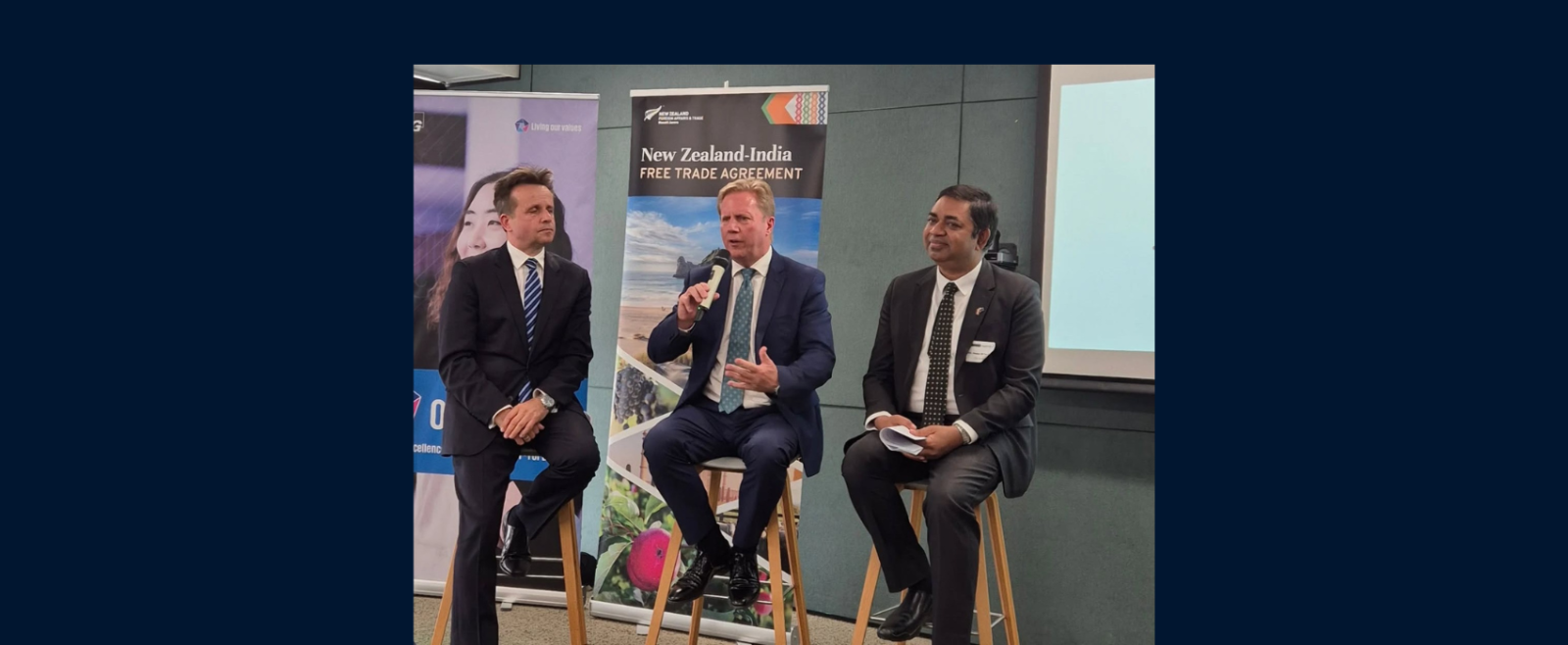 India-NZ FTA Awareness Session, Hamilton — bringing together around 100 business leaders to explore opportunities under the New Zealand-India Free Trade Agreement. The Consul General was joined by Hon. Todd McClay, Minister for Trade and Investment, and Chief Negotiator Mr. Vangelis Vitalis. | 15 March 2026